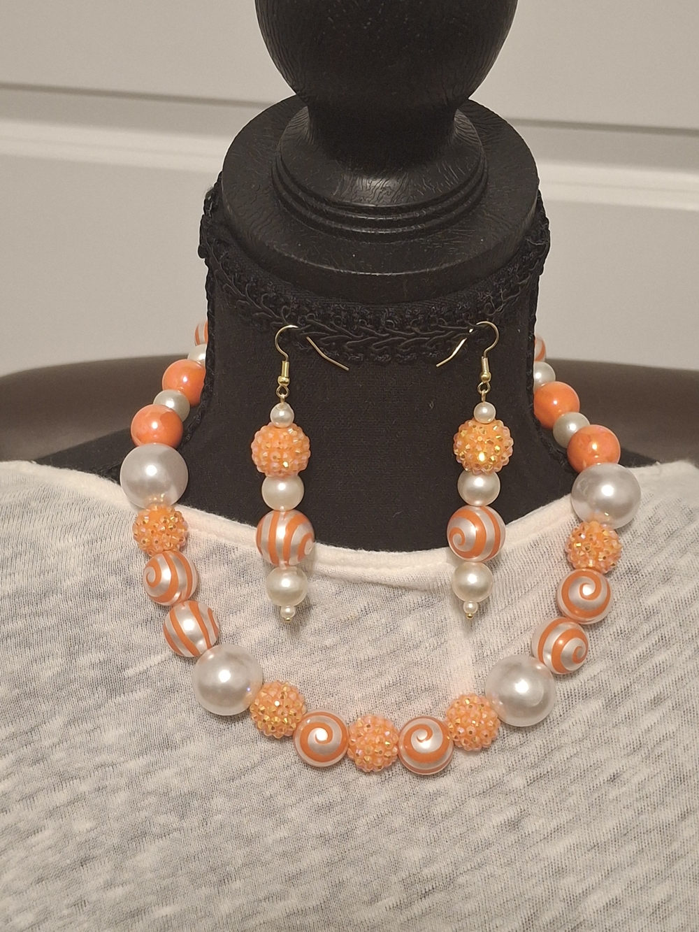 Orange Pearl Bead Necklace & Earrings Set